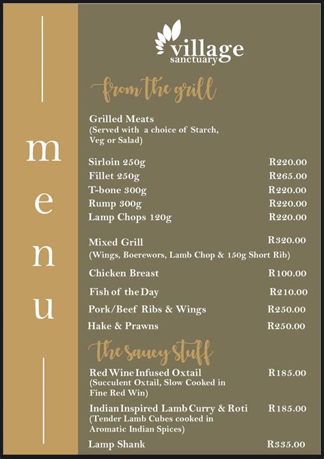 the village sanctuary zebediela|Menu at Village Sanctuary restaurant, Zebediela.